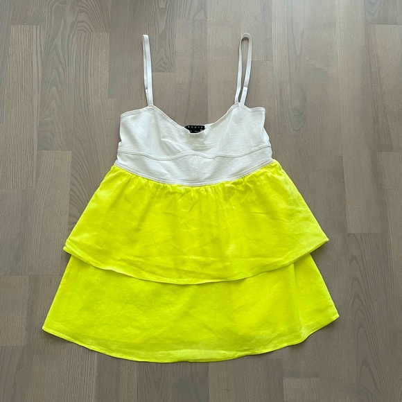 Theory Fun Neon Double Ruffle A-line Tank Top Colorblock in White + Neon Yellow - Picture 1 of 8